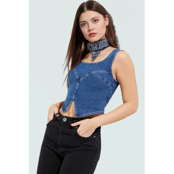 Kadın Denim Fitted Crop Bluz Yazlık Günlük Stil Kullanım İçin Rahat