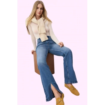 Kadın Denim Flare Jean Yüksek Bel İspanyol Paça Rahat Günlük Kullanım Yaz Aylarının Vazgeçilmezi