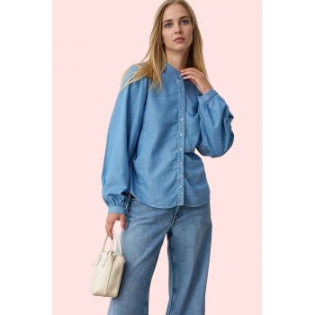 Kadın Denim Gömlek Hakim Yaka Balon Kol Kısa Kollu Oversize Günlük Yaz Aylarının Vazgeçilmezi