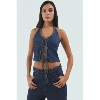 Kadın Denim Halter Yaka Crop Bluz Fitted Kalıp Günlük Yaz Profesyonel Görünüm Kullanım İçin