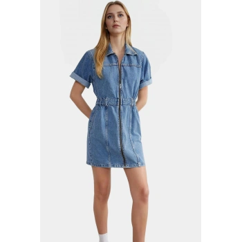 Kadın Denim Mini Elbise Fermuar Standart Kol Bodycon Kalıp Yüksek Kalite Şık Görünüm