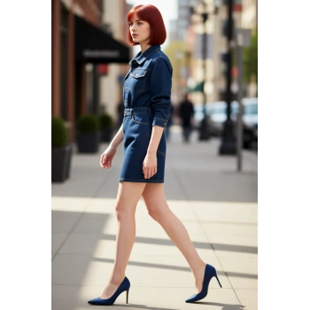 Kadın Denim Mini Gömlek Elbise Uzun Kollu Yaka Şık ve Günlük Tarzı %100 Pamuk Dokusuyla.