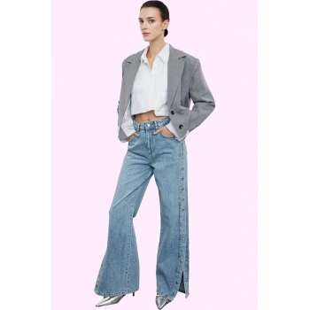 Kadın Denim Pantolon Yüksek Bel Geniş Paça Pamuk Günlük ve Şık Hafta Sonu Kaliteli Malzeme