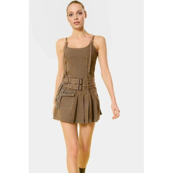 Kadın Denim Pileli Mini Elbise Havuz Yaka Yazlık Şık Tasarım Profesyonel Görünüm Yüksek Kalite