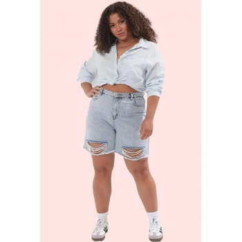 Kadın Denim Şort Yırtık Detaylı Yüksek Bel Straight Kesim Rahat Yaz Aylarının Vazgeçilmezi