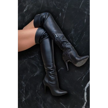Kadın Deri Görünümlü Stiletto Topuklu Diz Üstü Çizme Sivri Burun Şık Model