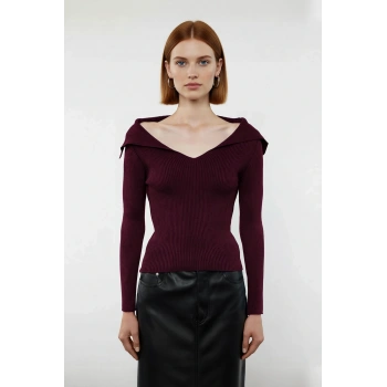 Kadın Devrik Yaka Fitted Fitilli Triko Bluz Uzun Kol Crop Boy İlkbahar Sonbahar Günlük Şıklığı