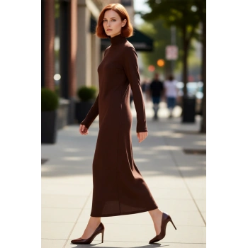 Kadın Dik Yaka A Kesim Triko Maxi Elbise Uzun Standart Kollu Akrilik Düz Desen Kışlık Günlük Şık