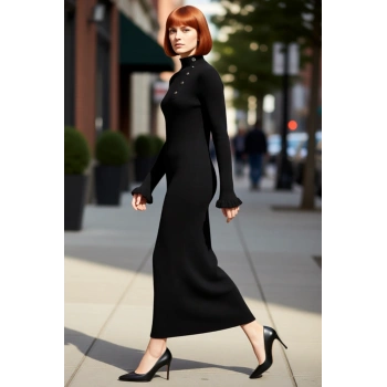 Kadın Dik Yaka Aksesuar Düğmeli Ribana Maxi Triko Elbise Şık Kışlık Günlük Giyim İçin Tasarlandı