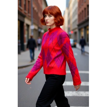 Kadın Dik Yaka Baklava Desenli Triko Kazak Oversize Kesim Rahat Ve Şık Düşük Kol Tasarım Kaliteli