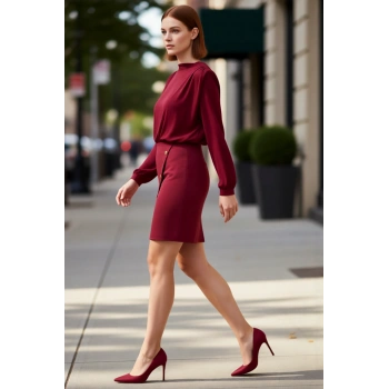 Kadın Dik Yaka Balon Kol Düğme Detaylı Mini A Kesim Elbise Şık Ve Konforlu Tasarım İlkbahar Sonbahar