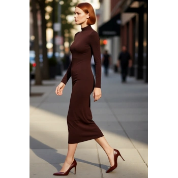 Kadın Dik Yaka Bodycon Kesim Maxi Elbise Polyester Karışımlı Örme Uzun Kollu Kışlık Zarif Tasarım