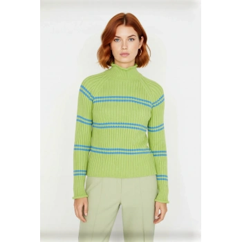 Kadın Dik Yaka Çizgili Triko Kazak Reglan Kol Uzun Kollu Rahat Fitilli Dokuma Kışlık Basic