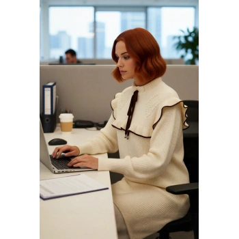 Kadın Dik Yaka Düşük Kollu Selanik Dokuma Biyeli Tunik Saç Örgü Detaylı Kışlık Kazak Kaliteli