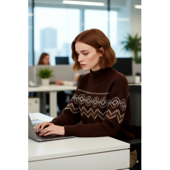Kadın Dik Yaka Etnik Desenli Regular Kalıp Triko Kazak Uzun Düşük Kollu Kış Gardırobunun Yıldızı