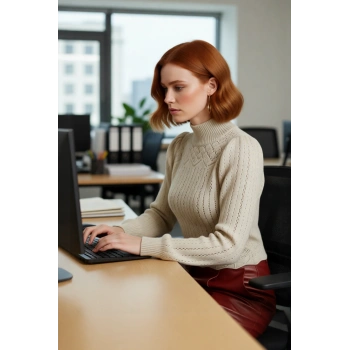 Kadın Dik Yaka Fitted Kesim Ajurlu Triko Kazak Balon Kollu Crop Tasarım Günlük Şıklık Sunar