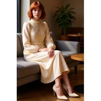 Kadın Dik Yaka Güpür Detaylı Uzun Kollu A Line Maxi Boy Dokuma Elbise Günlük Şıklık Kaliteli