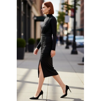 Kadın Dik Yaka Kemerli Drapeli Fitted Örme Midi Elbise Uzun Kollu Şık ve Modern Tasarımlı Kaliteli