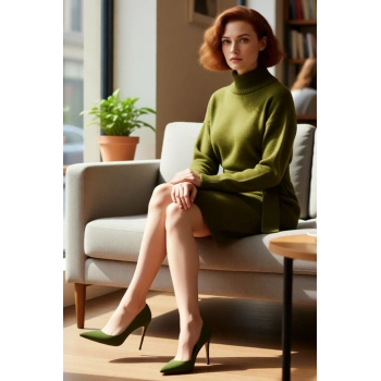 Kadın Dik Yaka Kuşak Detaylı Düz Mini Triko Elbise Düşük Kol Rahat Şık Kışlık Günlük Giyim