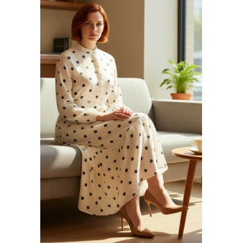 Kadın Dik Yaka Kuşaklı A line Kalıp Puantiye Desenli Şifon Uzun Kol Maxi Elbise Gündelik Şıklık