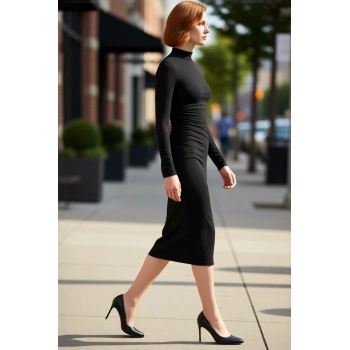 Kadın Dik Yaka Midi Boy Bodycon Örme Elbise Düz Desen Kış Sezonu İçin Şık Ve Rahat Kaliteli