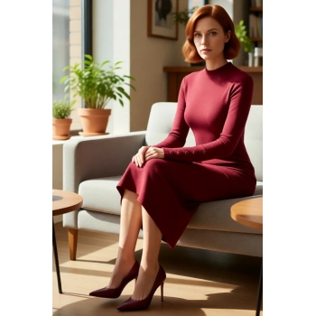 Kadın Dik Yaka Örme Bodycon Midi Elbise Düz Deseniyle Günlük Şıklığı Uzun Kollu Rahatlık Sunar