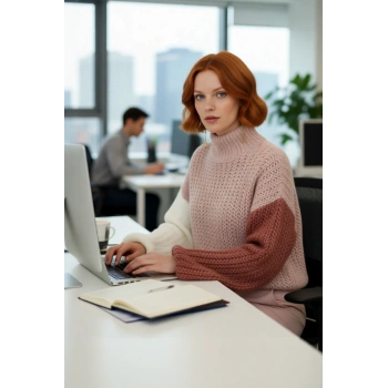 Kadın Dik Yaka Oversize Balon Kol Renk Bloklu Kalın Triko Kazak Günlük Şıklık Ve Sıcaklık Kaliteli