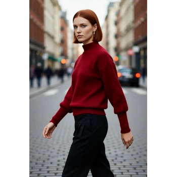 Kadın Dik Yaka Oversize Balon Kol Triko Kazak Kışlık Rahat Şık Günlük Kombinler İçin İdeal