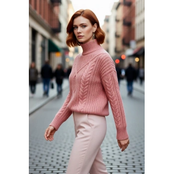 Kadın Dik Yaka Oversize Kesim Saç Örgü Desenli Kalın Akrilik Triko Uzun Kollu Kazak Modeli