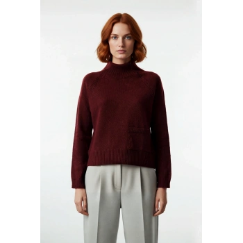 Kadın Dik Yaka Regular Kalıp Triko Kazak Cep Detaylı Uzun Reglan Kol Kış Şıklığı Sunar Kaliteli