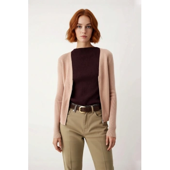 Kadın Dik Yaka Renk Bloklu Fitilli Triko Kazak Fitted Kalıp Uzun Kollu Casual Basic Model Kaliteli