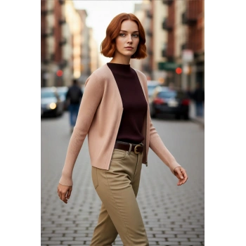 Kadın Dik Yaka Renk Bloklu Fitilli Triko Kazak Fitted Kalıp Uzun Kollu Kış Sezonu Basic Kaliteli