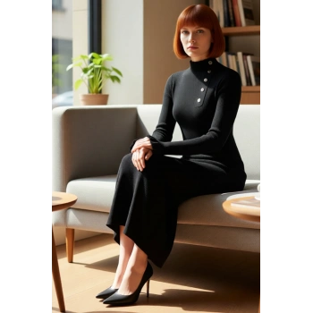 Kadın Dik Yaka Ribana Dokulu Uzun Kollu Maxi Elbise Şık Düğme Detayıyla Kış Giyimine Özel Kaliteli