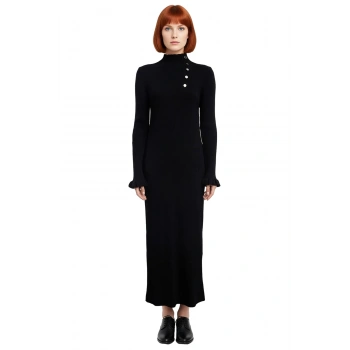 Kadın Dik Yaka Ribana Dokulu Uzun Kollu Maxi Elbise Şık Düğme Detayıyla Kış Giyimine Özel Kaliteli