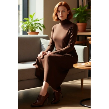 Kadın Dik Yaka Triko Maxi Elbise A Kesim Uzun Kollu Akrilik Rahat Kışlık Günlük Kombinler İçin İdeal