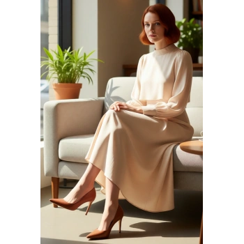 Kadın Dik Yaka Uzun Kollu A Line Dokuma Elbise Düz Deseniyle Günlük Şıklık ve Konfor Sunar