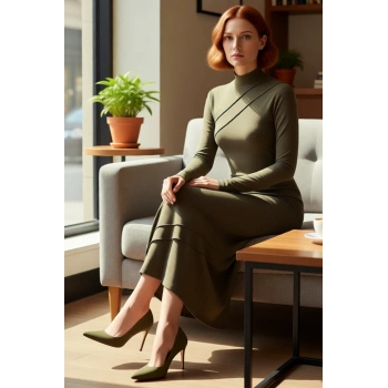 Kadın Dik Yaka Uzun Kollu Bodycon Maxi Elbise Kış Sezonu İçin Şık ve Rahat Asimetrik Kesim Düz Örme