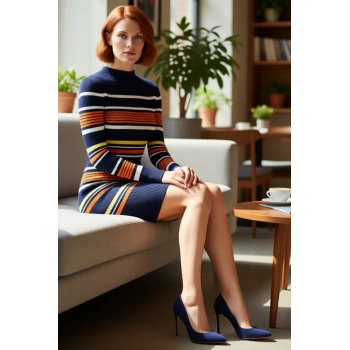 Kadın Dik Yaka Uzun Kollu Bodycon Triko Elbise Lacivert Tonlarda Renk Bloklu Fitilli Kış Modası