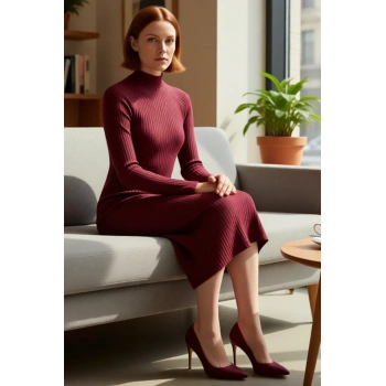 Kadın Dik Yaka Uzun Kollu Bodycone Örme Midi Elbise Yırtmaçlı Fitilli Tasarım Soğuk Havalar İçin