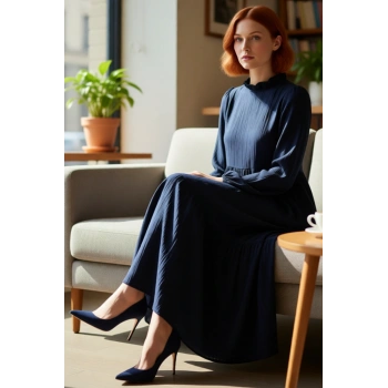 Kadın Dik Yaka Uzun Kollu Krinkıl Dokuma Elbise A line Kesim Rahat ve Trend Günlük Şıklık Sunar