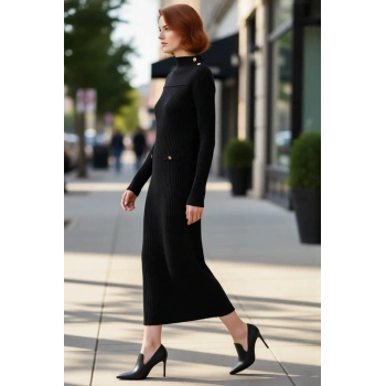 Kadın Dik Yaka Uzun Kollu Maxi Boy Ribana Triko Elbise Şık Düğme Detayları İle Kışlık Günlük Şıklık