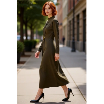 Kadın Dik Yaka Uzun Kollu Sandy Örme Bodycon Maxi Elbise Şık Toka Detaylı Günlük Kombinler İçin