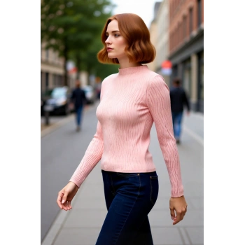 Kadın Dokulu Desenli Fitted Kalıp Dik Yaka İnce Triko Kazak Standart Kollu Rahat Günlük Şıklık