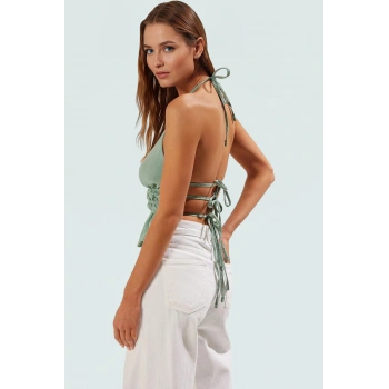 Kadın Dokuma Fitted Bluz Boyundan Bağlamalı Kolsuz Yazlık Premium Kalite Zarifane Tasarım