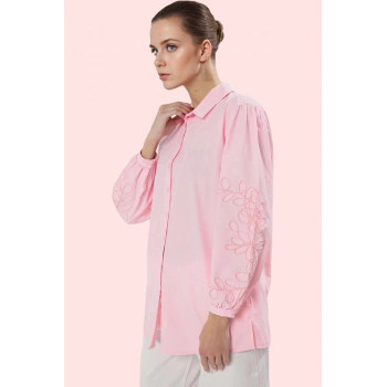 Kadın Dokuma Gömlek; Oversize Uzun Kollu Nakış Detaylı Günlük Stil Yaz Aylarının Vazgeçilmezi