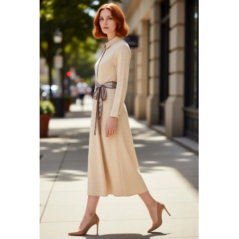 Kadın Dokuma Gömlek Yaka Maxi Elbise Fular Detaylı A Line Kesim Ofis ve Günlük Şıklığı Kaliteli