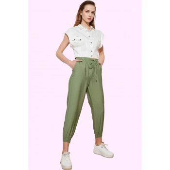 Kadın Dokuma Jogger Pantolon; Rahat Yüksek Bel Lastikli Paça Günlük Kombinler Modern Tasarım