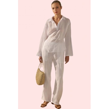 Kadın Dokuma Keten Gömlek Regular Kalıp Dik Yaka Günlük Kombinler Yaz Aylarının Vazgeçilmezi