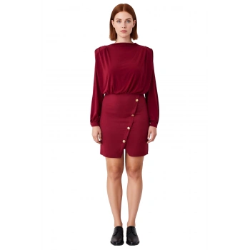 Kadın Dokuma Kumaş Dik Yaka Balon Kol Mini Elbise Düğme Detaylı Casual Ve Şık Bir Görünüm Sunar