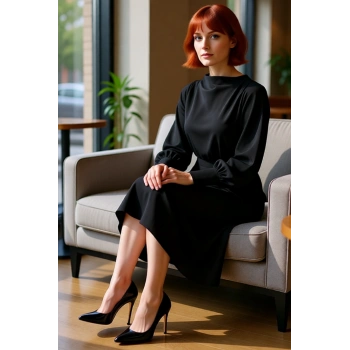 Kadın Dokuma Polyester Düz Desen Degaje Yaka Uzun Balon Kol Midi Elbise Kışlık Şık Gündüz Gece